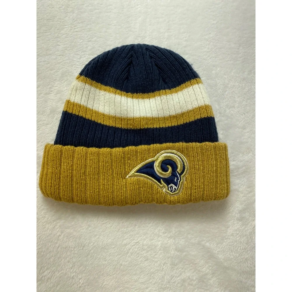 New Era Los Angeles Rams NFL Knit Beanie Hat Cuffed Striped Navy Gold‎ Mens OSFM